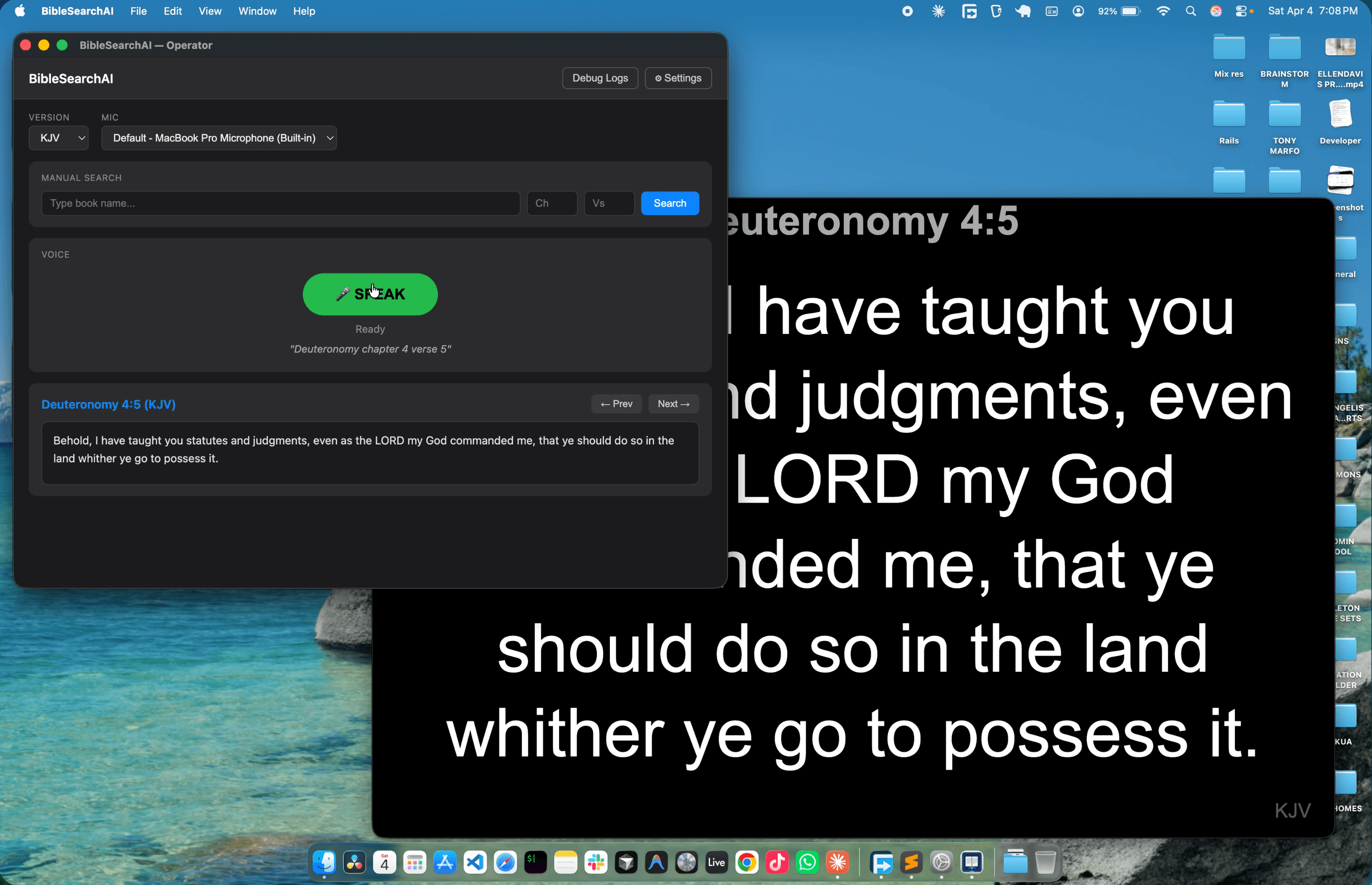 BibleSearchAI in action — Operator panel and Projector display